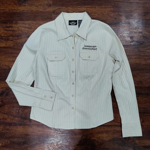 Harley-Davidson Embroidered Textured Striped Button-Up Shirt Cream Women's Large - Picture 2 of 9